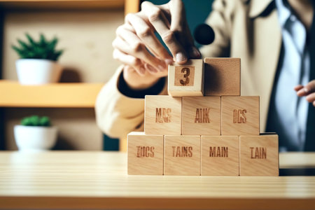 Wooden cubes with inscriptions as symbolic image of business goalsの素材