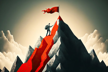 High mountain peak with red flag and person achieving business goalsの素材