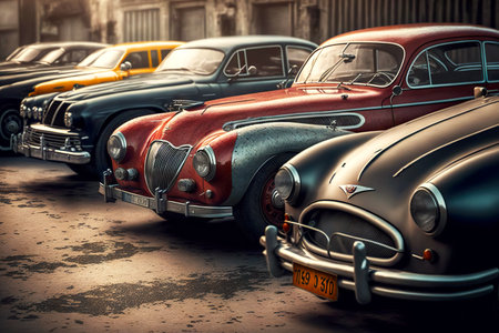 Rare car of different colors and models standing in row on streetの素材