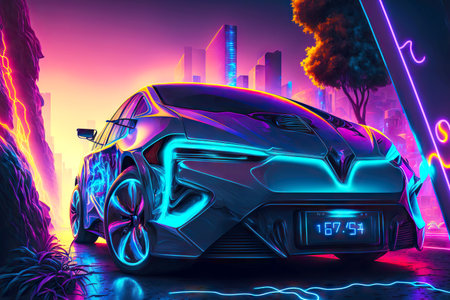 Bright neon car with illumination standing near gas stationの素材