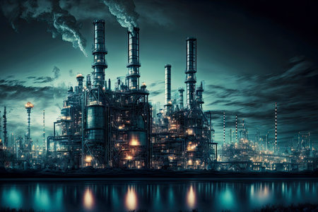 Energy factory producing electricity for energy industry stands on waterの素材