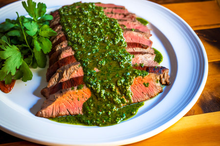 Delicious flank steak of incomplete roasting on white plate with chimichurri sauceの素材