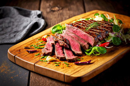Large cut piece of fragrant flank steak on wooden board with vegetables and herbsの素材
