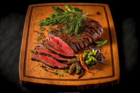 Large hot flank steak cut into pieces and sprinkled with pepper and herbsの素材