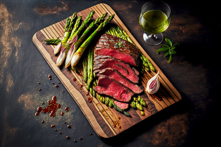 Pink delicious flank steak lies on wooden board with asparagus and saucesの素材