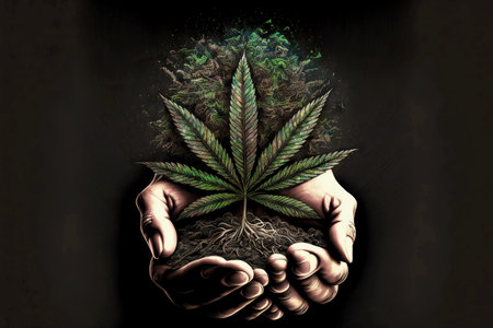 Human hands holding young growing cannabis leaf, concept marijuana careの素材