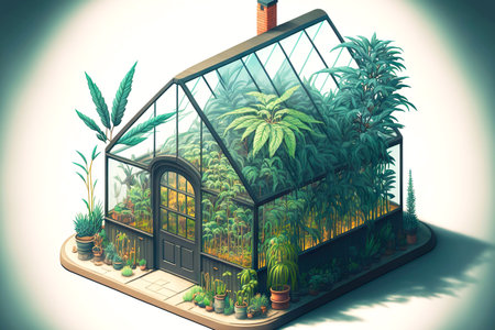 Cannabis plants inside greenhouse, view from outdoorsの素材