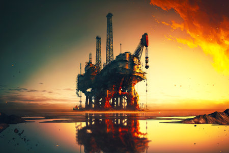 Oil rigs in petrochemical industry against background of sky with cloudsの素材