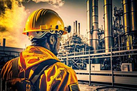 Petrochemical industry worker in protective suit and helmet against background of factorys pipesの素材