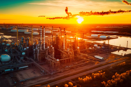 Large common area with petrochemical industry factory against background of dawn skyの素材