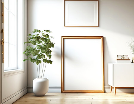 Large picture frame mockup standing on floor near bright windowの素材