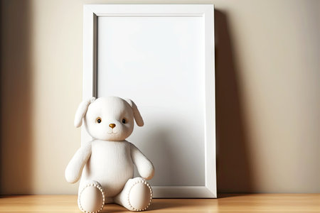 Blank picture frame mockup against wall and next to teddy bearの素材