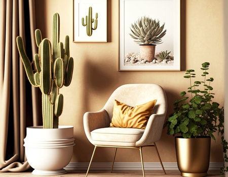 Comfortable chair by open window and picture frame mockup on wallの素材