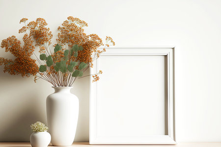 White picture frame mockup leaning against wall next to white vase with dry bouquetの素材