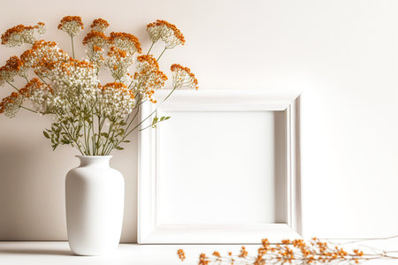 White picture frame mockup on bedside table with plant in vase on bedside tableの素材