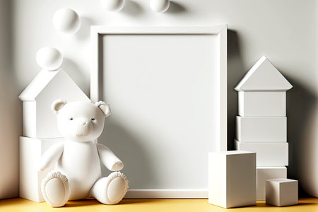 Blank picture frame mockup against wall and next to teddy bearの素材