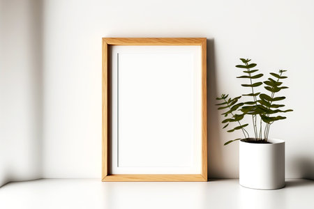 Thin wooden picture frame mockup stands on floor next to pot of green plantの素材