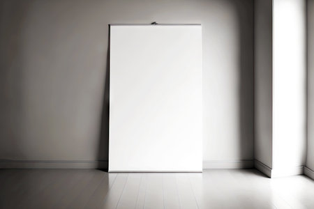 Light falling from open window onto picture frame mockup standing in roomの素材