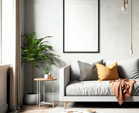 Beautiful modern interior with upholstered furniture and picture frame mockupの素材