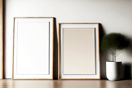 Two thin golden picture frame mockup stand on floor against wallの素材