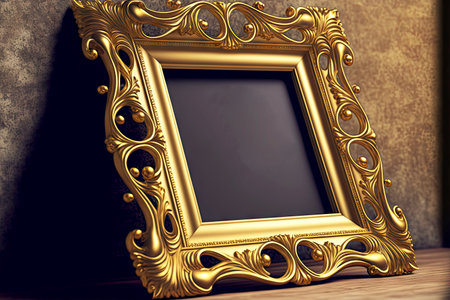 Luxurious gold picture frame mockup with dark backgroundの素材