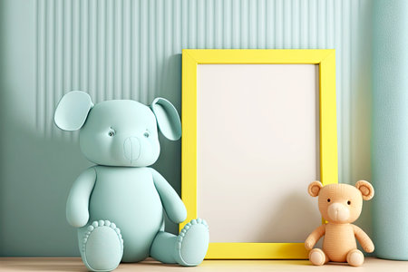 Bright yellow blue picture frame mockup with baby toy bearの素材