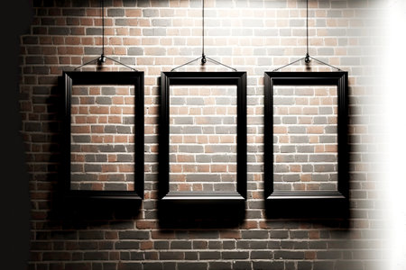 Three picture frame mockups on lit black brown brick wallの素材