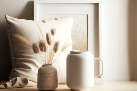 Light picture frame mockup with vases with ears and pillow on tableの素材