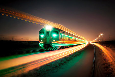 High-speed train traveling at night photo on shutter speed railway transportの素材