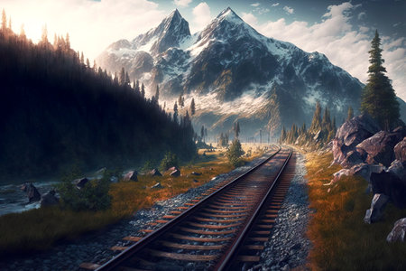 Picturesque landscapes railway transport against backdrop of coniferous forest of mountains and skyの素材