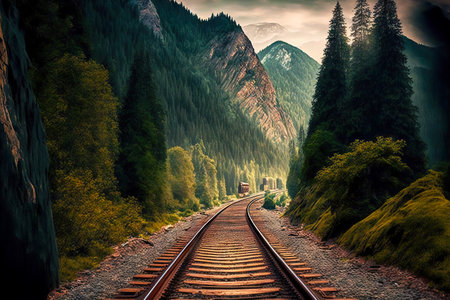 Rails of railway transport going through forest and mountainsの素材