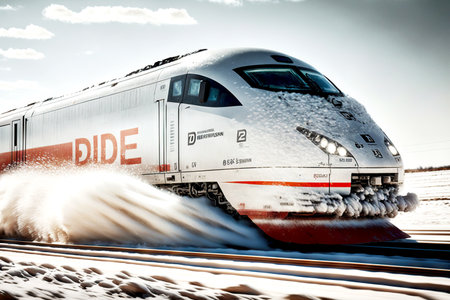 High-speed train railway transport rushing through snow on roadの素材