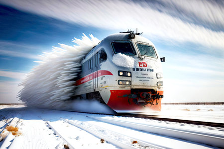 High-speed train railway transport rushing through snow on roadの素材