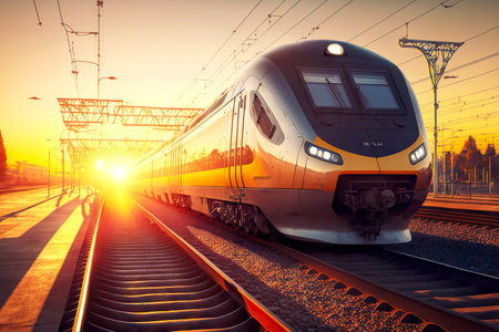 High-speed train railway transport traveling on rails against backdrop of setting sunの素材
