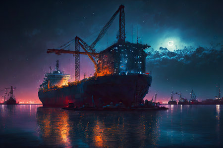 Shipbuilding big beautiful steamboat ship on water against backdrop of night skyの素材