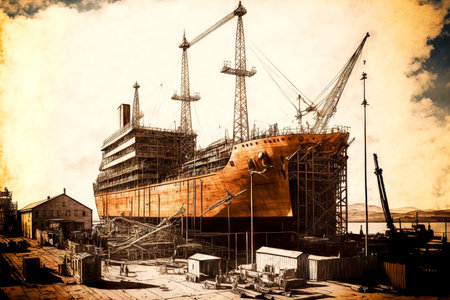 Construction of large steamship vessel at shipyard production of ships shipbuildingの素材