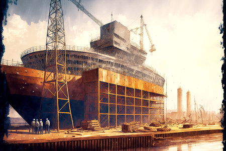 Construction of large steamship vessel at shipyard production of ships shipbuildingの素材