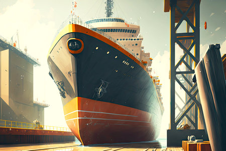 Huge ship at berth in port with crane is being prepared for repair shipbuildingの素材