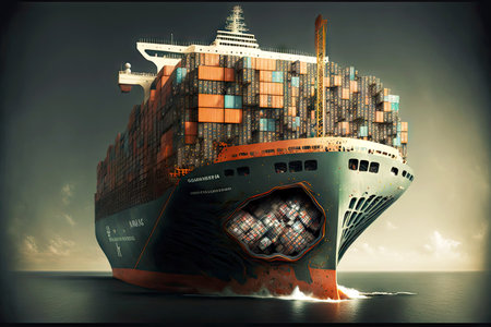 Large merchant ship with hole in side carries to port containers with cargo shipbuildingの素材