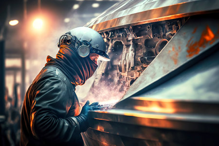 Welder welds steel parts of ship hull shipbuildingの素材