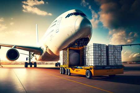 Large packages with cargo on trolleys are loaded into cargo hold of cargo planeの素材