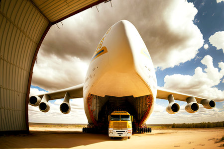 Truck with cargo entering open hold of cargo planeの素材