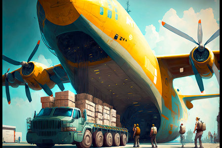 Truck loads packages of goods into hold of cargo planeの素材