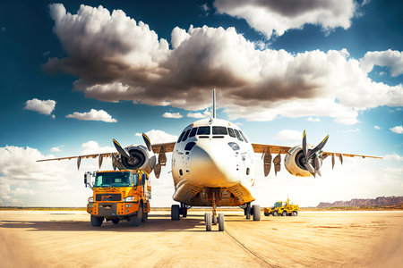 Truck delivers containers with goods to runway and loads into cargo planeの素材