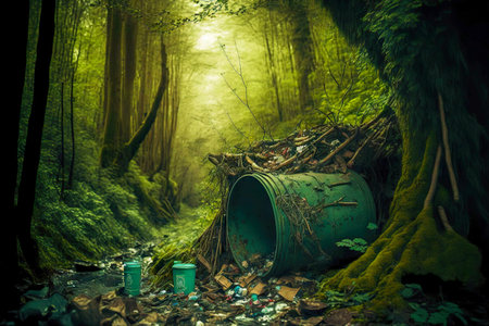 recycling concept environmental pollution barrel with chemicals in forest destruction of ecologyの素材