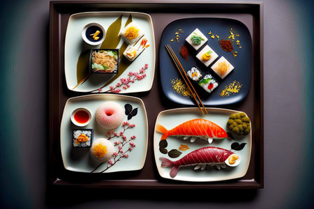 Traditional Japanese lunch sushi set with sashimi rolls rice and vegetablesの素材