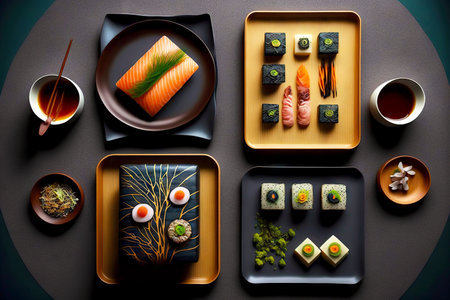 Asian lunch with seafood and fish rolls and sashimi sushi setの素材