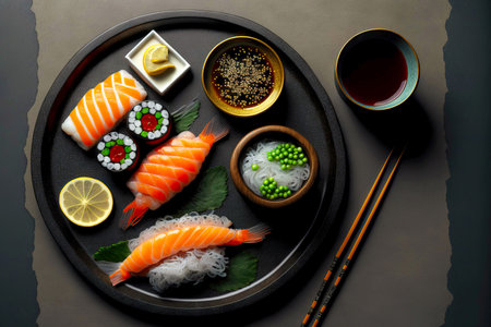 Light Japanese snack for dinner sushi set with fish and riceの素材