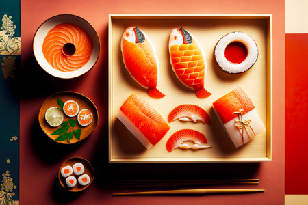Oriental food onigiri with rice and salmon on plate of sushi setの素材