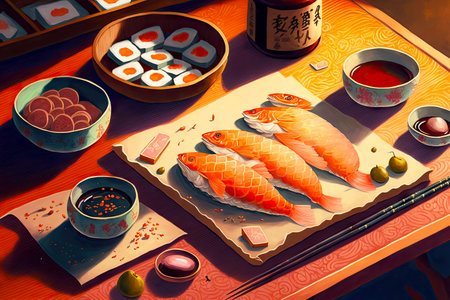 Oriental food onigiri with rice and salmon on plate of sushi setの素材